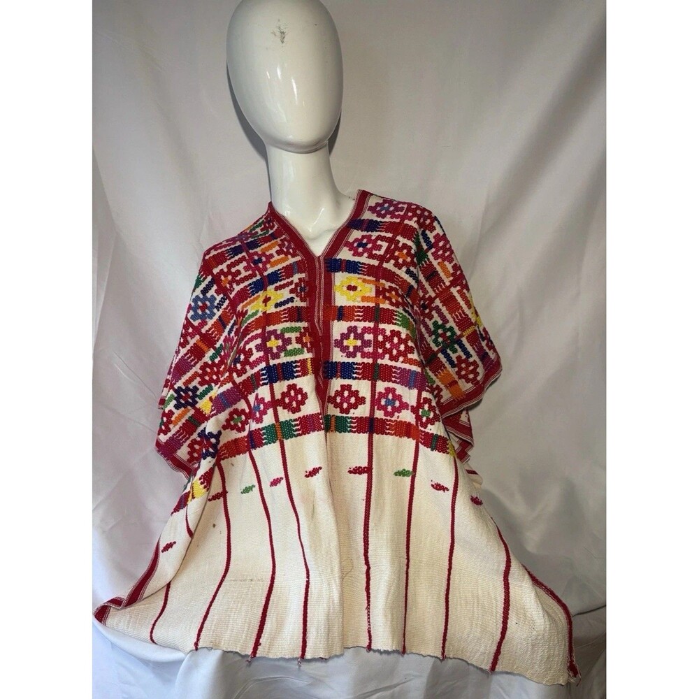 Vintage Mexican Wool Embroidered Poncho Cape Serape Red 30"x42" colorful